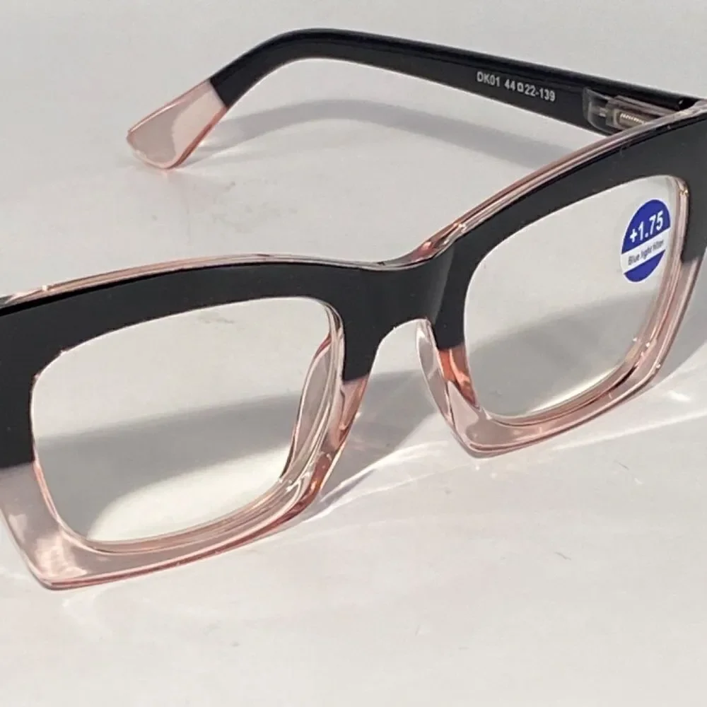 1284 Gretchen Reading Glasses 1.75 Square Black Pink Frames Oversize NWT